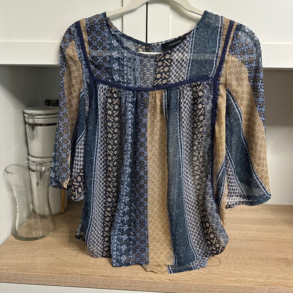 Whimsigoth Patchwork Bell Sleeve Blouse Sheer Boho Top Womens 12 Fairy Grunge